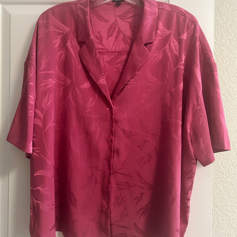 Express Floral Satin Short Sleeve Button Up Boxy Blouse - Size XL